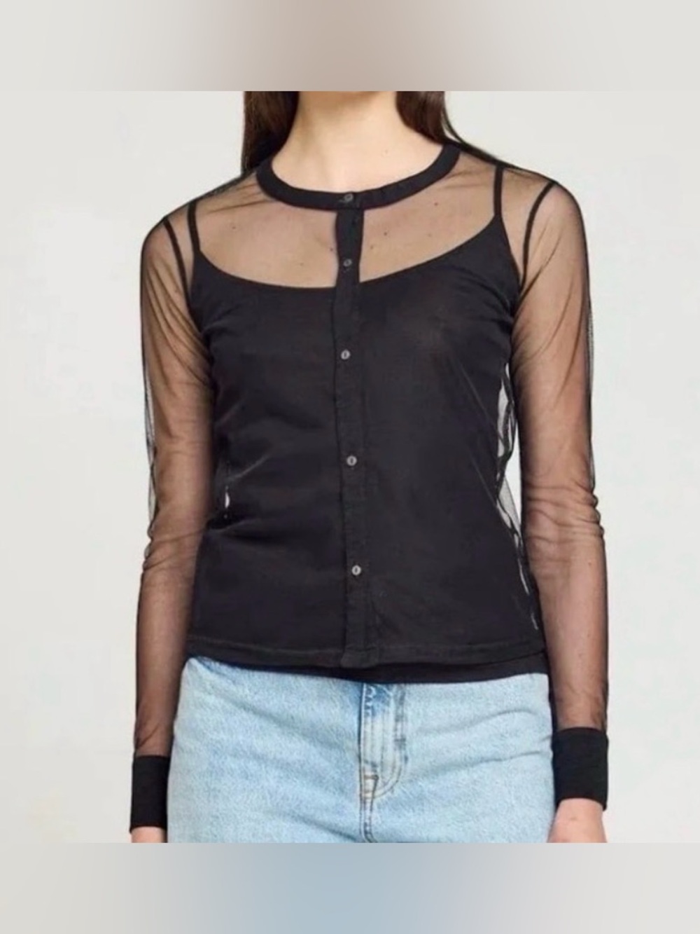Goldie Black Sheer Tulle Button-Down Top